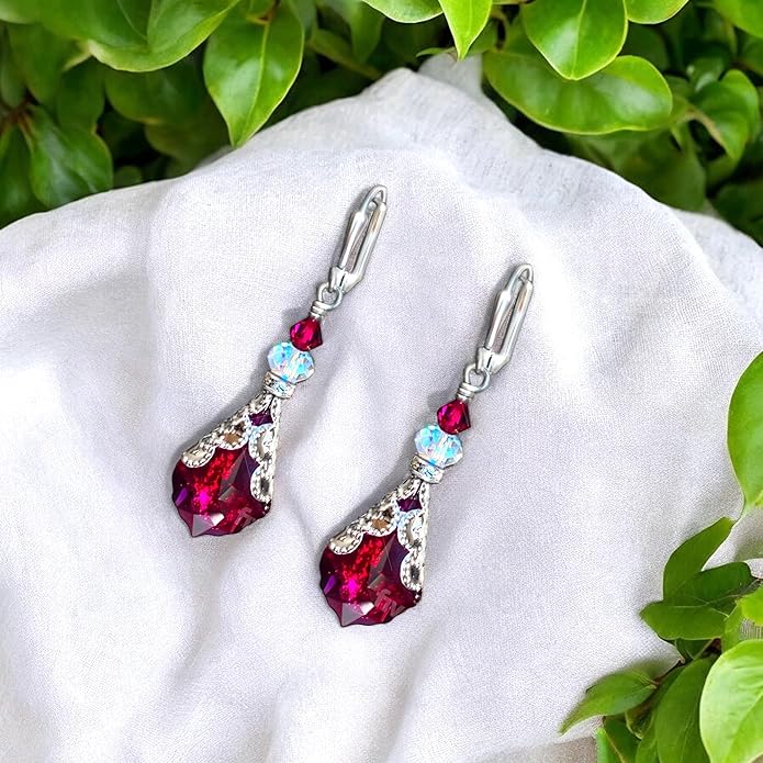 Antique Inspired Vintage Victorian Dangle Drop Earrings for Women - Colored Austrian Crystal Leverback Earrings - Jewelry Gift for Her