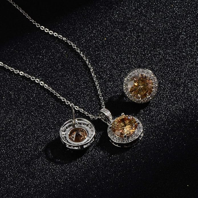 Bridal Crystal Jewelry Set - Sterling Silver Round Cubic Zirconia CZ Rhinestone Halo Birthstone Pendant Necklace Stud Earrings Set for Wedding Bride Bridesmaids Birthday Gift