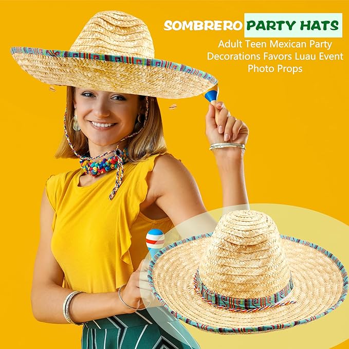 2 Pack Giant Mexican Sombrero Hat Cinco de Mayo Fiesta Straw Hat for Mexican Party Decor Favors Luau Event Photo Props