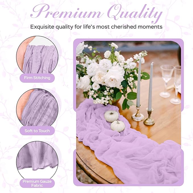 Cheesecloth Table Runner 3 Pack – 35x120 Inch (10ft) Boho Rustic Gauze Cloth Runners – Crinkle Polyester Table Decor for Wedding, Baby Shower, Bridal Shower, Birthday Party and More (Lilac Purple)