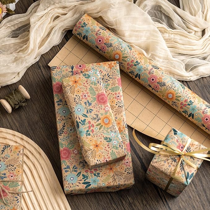 MAYPLUSS Colorful Floral Kraft Wrapping Paper Roll - 17Inch x 33Feet - Garden Boho Floral Gift Wrap Paper Spring Summer Blooms Sheet for Wedding, Bridal Shower, Birthday and Engagement