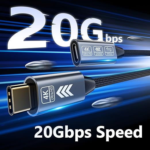 USB C Extension Cable 10FT, 20Gbps/240W USB3.2 Type C Extender Cord, 4K@60Hz Video Output Nylon Braided USB C Male to Female Extension Charging Cable Compatibility with Thunderbolt 4/3
