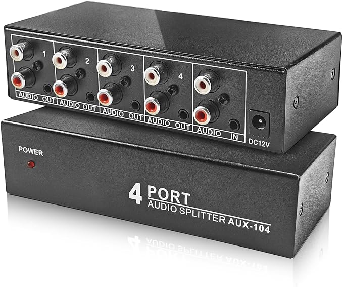 3.5mm Aux + RCA L/R Audio Splitter 1 in 4 Out, BolAAzuL 4-Way Stereo Audio Distributor Box 4-Channel Stereo RCA Splitter 1x4 for DVD Player, Game Console, Headphones, Speaker - w/Power