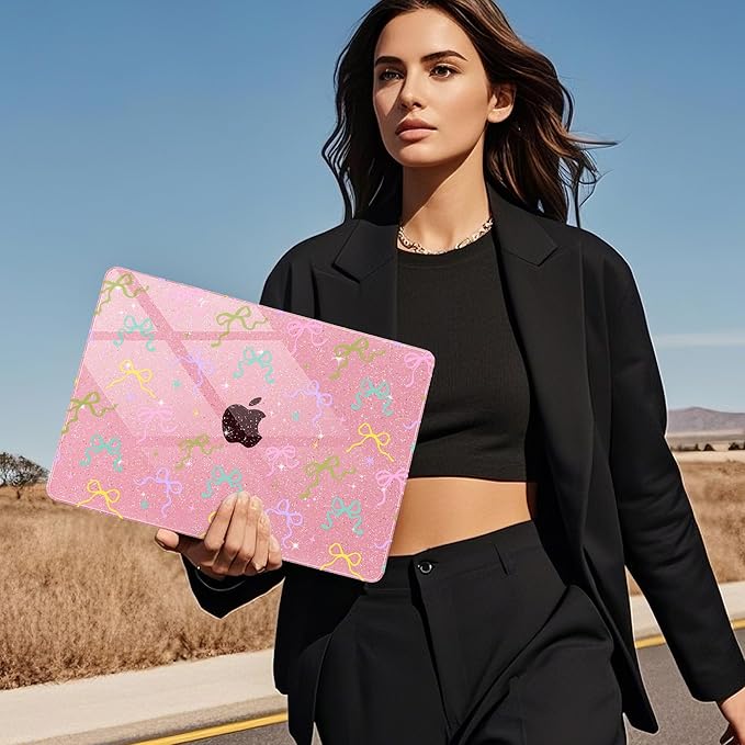 Mektron Compatible with M4 MacBook Air 15 inch Case 2025 A3241 2024 2023 M3 A3114 A2941 M2 Liquid Retina Display Touch ID, Plastic Hard Case & Keyboard Skin - Gilitter Pink Colorful Bows