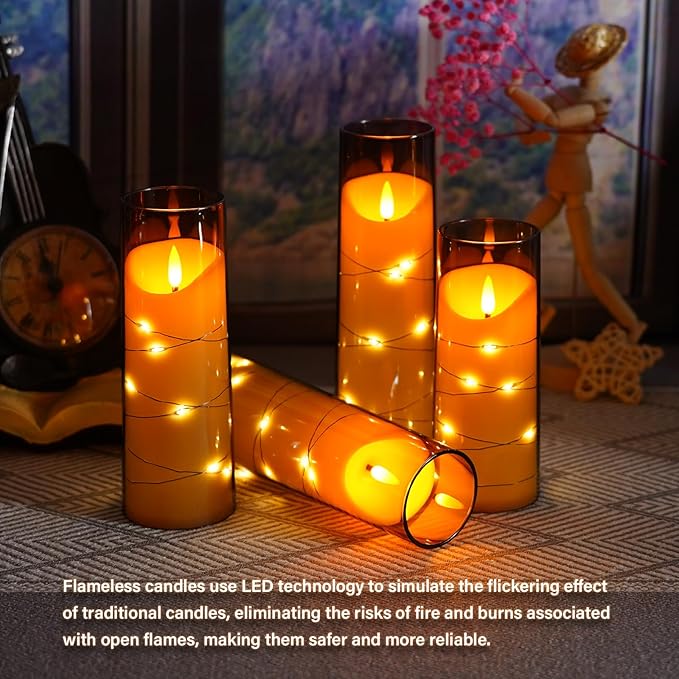 Flameless Candles with Embedded Star String, Battery Operated LED Pillar Candles with Timer and Remote Control,Home Decorating for Ambiance， Set of 9(Grey)