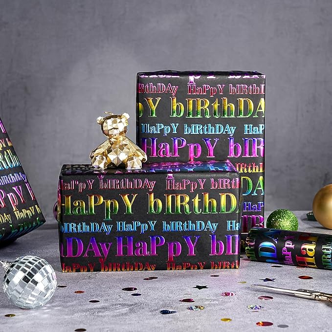 WRAPAHOLIC 3D Kraft Birthday Wrapping Paper Roll - Mini Roll - 17 Inch x 16.5 Feet - Black and Colorful Foil Happy Birthday Wrapping Paper with Embossed for Kids Boy Girls, Baby Shower