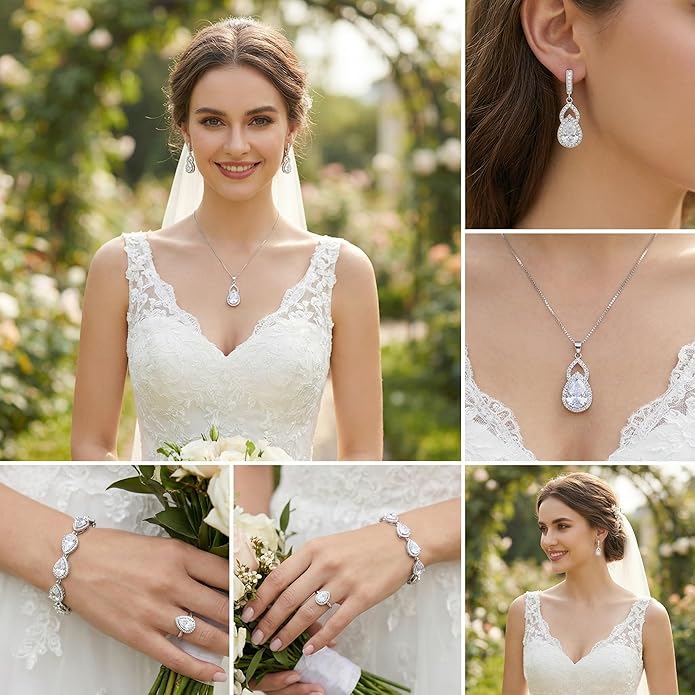 Classic Jewelry Set—Perfect for Weddings, Galas, and Everyday Wear—Includes Bracelet, Ring, Pendant Earrings, and Necklace ，Birthday Gift for Mother/Wife/Sister/Best Friend