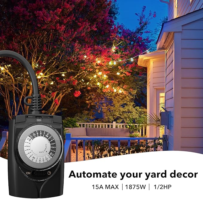 HBN Outdoor Timer Outlet Waterproof, 24 Hour Mechanical Light Timers for Electrical Outlets Outdoor Weatherproof, 2 Grounded Outlets for Christmas Lights, Holiday Decorations, 15A 1/2HP