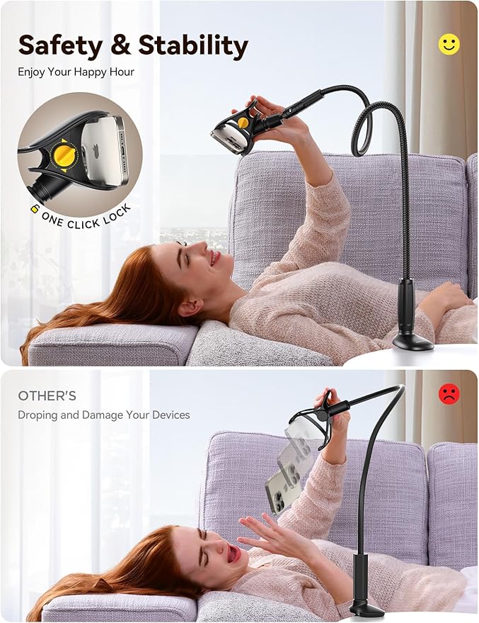 JOYROOM Gooseneck Phone Holder for Bed, [Upgrade Safety Lock] Flexible Long Arm Phone Stand, 720° Adjustable Desk Clamp Clip Phone Mount for iPhone 16 & All 4-7" Devices