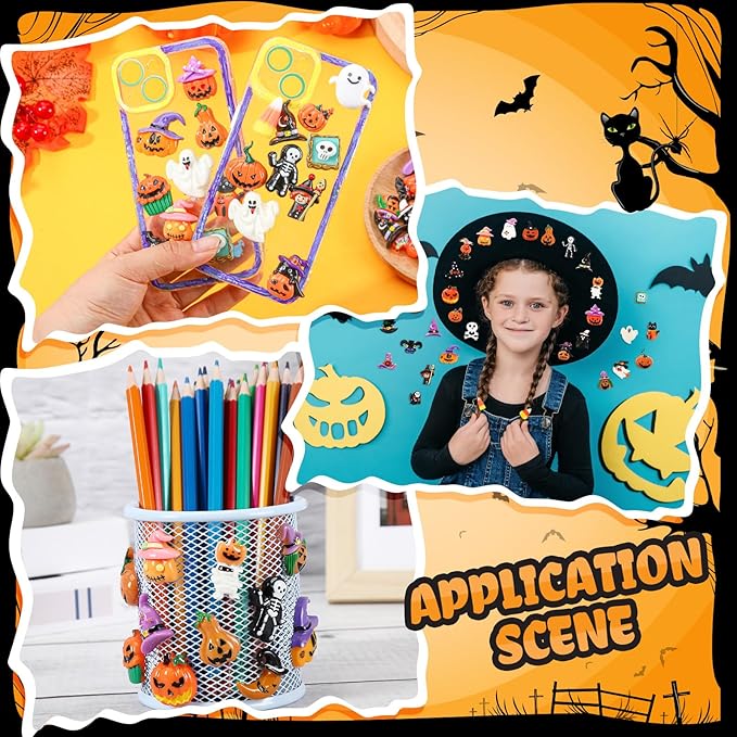 Giegxin 40pcs Halloween Resin Charms Halloween Decor Pumpkin Witch Hat Candy Corn Ghost Flatback Cabochon Accessories Cute Embellishment Bulk for Jewelry Cellphone Case Scrapbooking Headband DIY Craft