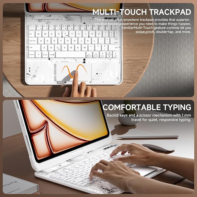 Transparent Case with Keyboard for 2024 iPad Pro 11-inch (M4),with 7-Color Backlit Wireless Keyboard, 360°Rotatable Protective Case Multi-Touch Trackpad,with Pencil Holder,with Shortcuts,White