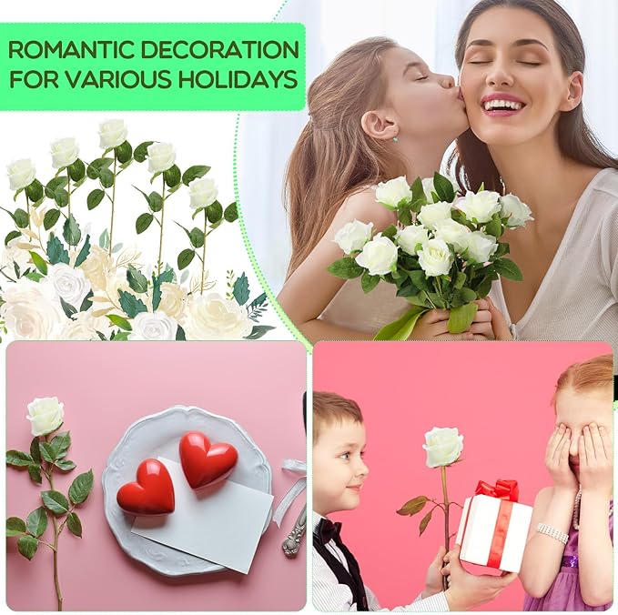 Hotop 80 Pcs Rose Artificial Flowers Bulk with Long Stem, Silk Roses Realistic Fake Flowers Bouquet for Wedding Table Centerpieces Bridal Shower Party Home Decorations(White)