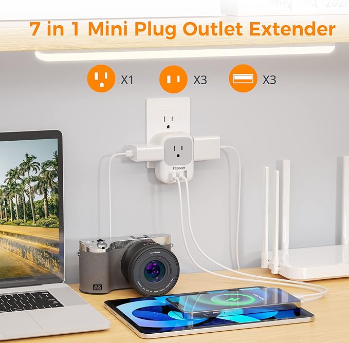 TESSAN USB Charger Block, Wall Plug Adapter with Electrical 4 Box Splitter 3 USB Wall Charger Ports, Multi Plug Outlet Extender Charging for Cruise, Travel, Office, Dorm Essentials