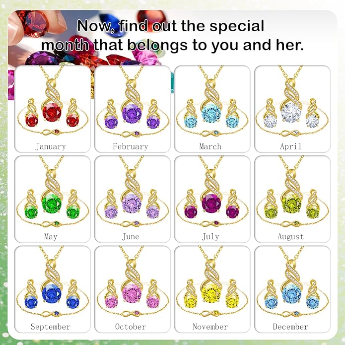 Jewelry Sets for Women-18K Gold Plated Dainty Birthstone Pendant,Trendy Necklace Earrings Infinity Bracelets Set,Ideal Jewelry Gifts for Her Mom