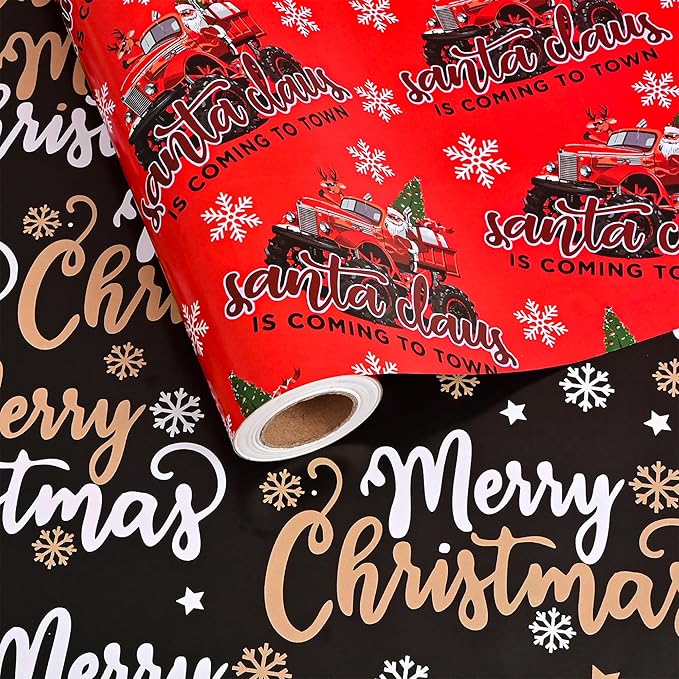 Vnaaem Reversible Monster Truck Christmas Wrapping Paper Roll for Kids Men - Red Xmas Truck, Santa Claus & Merry Christmas Lettering Design Gift Wrap for Holiday Party Celebration, DIY Craft - 17 In X 20 Ft(Total 28.5sq.ft)