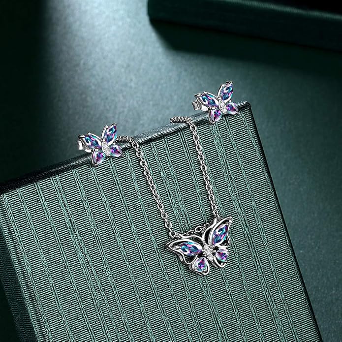 925 Sterling Silver Birthstone Butterfly Jewelry Women Crystal Animal Cute Butterflies Birthday Necklace/Earring/Ring/Bracelet Sets Birth Stone Statement Anniversary Jewellery