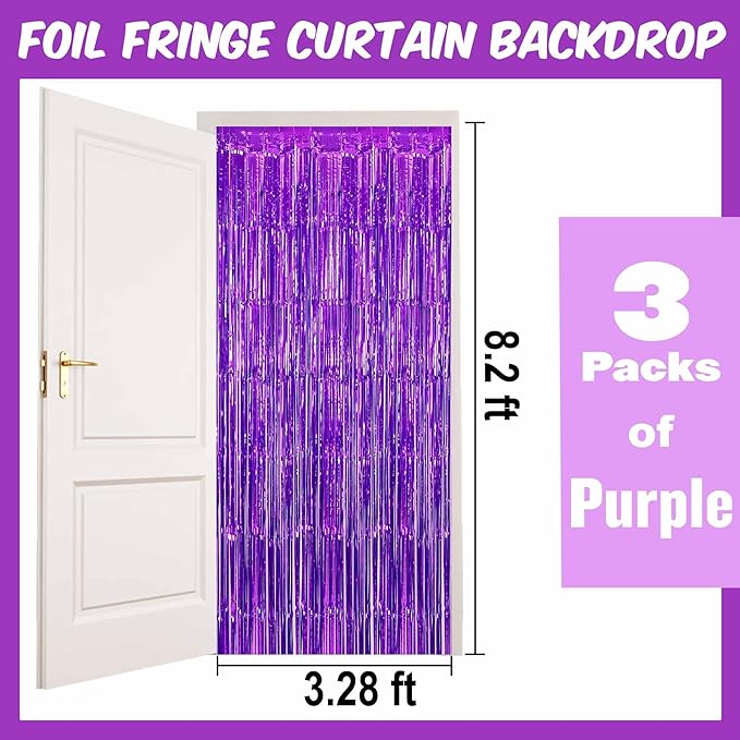 3 Pack Purple Foil Fringe Curtains Backdrop, 3.28 x 8.2 Ft Metallic Streamers Tinsel Curtains Background for Photo Booth, Birthday, Halloween, Christmas, Thanksgiving, New Year Party Decorations