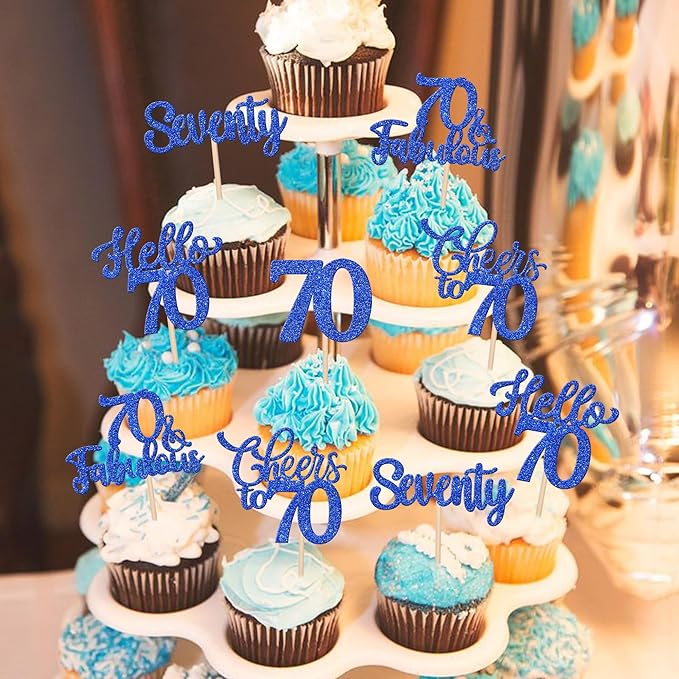 30PCS Happy 70th Birthday Cupcake Toppers Glitter Hello 70 Fabulous Seventy Cheers to 70 Years Old Birthday Cupcake Picks for Happy 70th Birthday Anniversary Party Cake Decorations Supplies Blue