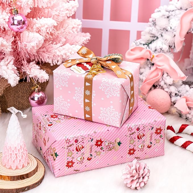 WRAPAHOLIC Reversible Pink Christmas Wrapping Paper - Mini Roll - 17 Inch x 33 Feet - Pink Christmas Tree Wrapping Paper and Snowflake Design for Holiday, Party Celebration