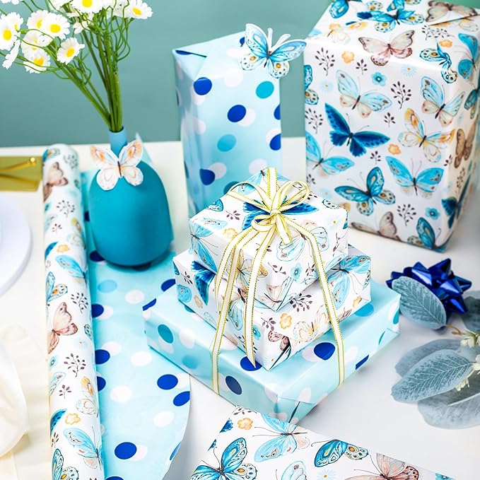 MAYPLUSS Butterfly Wrapping Paper, Vintage Watercolor Butterfly Fairy Gift Wrapping Paper for Women Girls Pearl Birthday Wrap in Blues Reversible Polka Dot for Baby Shower, Wedding (17Inch X 33Feet)