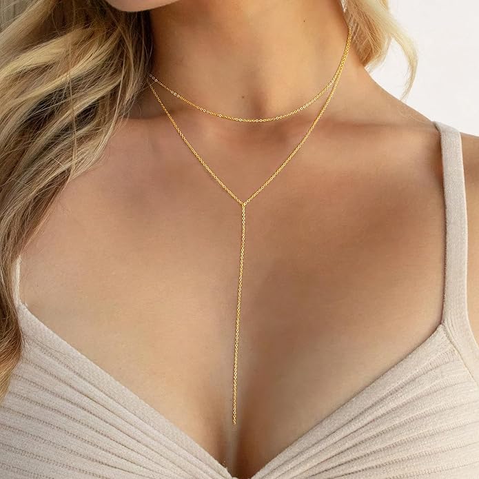 Yoosteel Long 14K-Gold-Plated Necklace for Women - Valentines Gifts Dainty Y-Shaped Necklaces Lariat Drop Chain Simple Jewelry Trendy Gift for Women