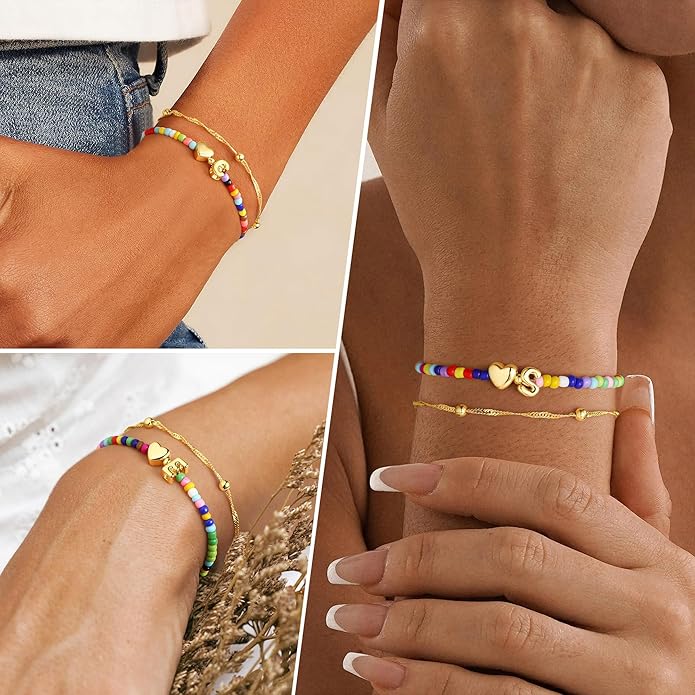 Ursteel Valentines Day Gifts for Kids Teen Girls - 14K Gold Plated Beaded Letter A-Z Bracelet, Layered Stretch Initial Bracelets, Women Trendy Bohemian Jewelry Birthday Gifts
