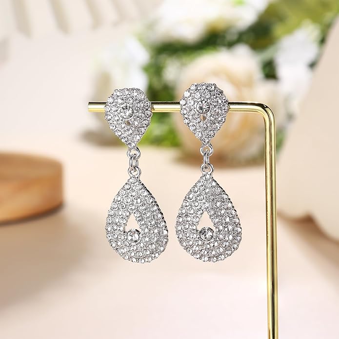 Jstyle 4 Pairs Silver Clip on Earrings for Women Elegant Rhinestone Clip on Earrings Dangle Drop for Brides Bridesmaids Non Pierced Earrings Set