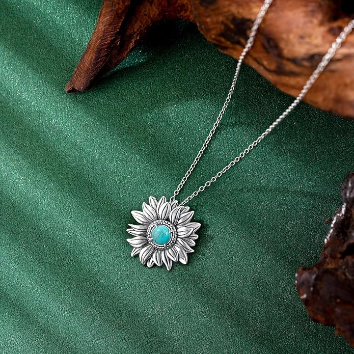 Sunflower Turquoise Necklace 925 Sterling Silver Genuine Turquoises Sunflower Necklace Western Nature Gemstone Turquoise Jewelry Gifts for Women