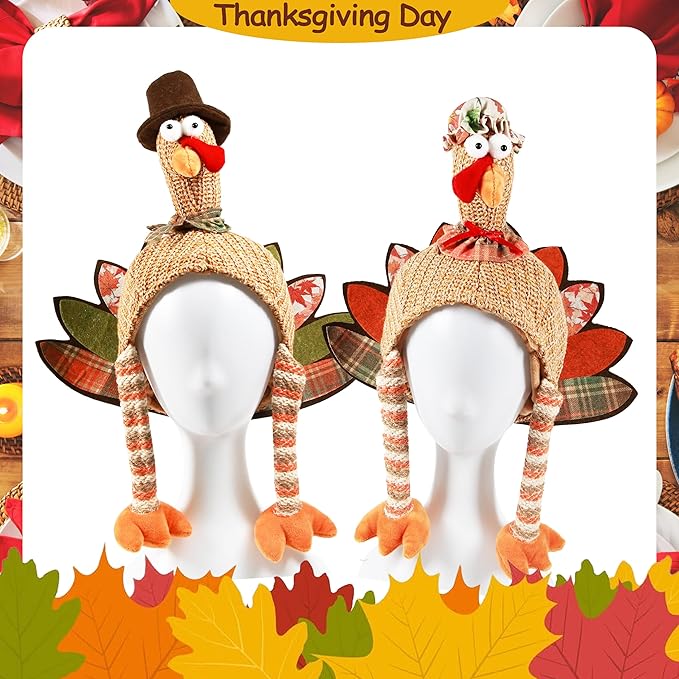 Ogrmar 2 Pcs Plush Turkey Hat, Funny Turkey Headwear for Thanksgiving Night Event, Dress-up Party, Thanksgiving Decor