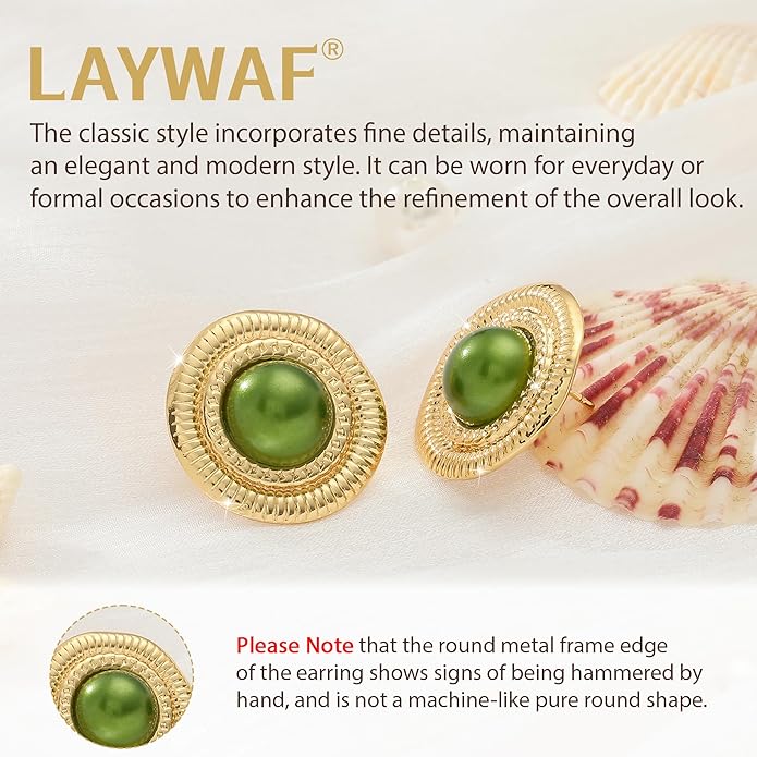 Faux Pearl Gold Plated Stud Earrings for Women, Hypoallergenic Stainless Steel Ear Pin, Available in a Variety of Pearl Colors