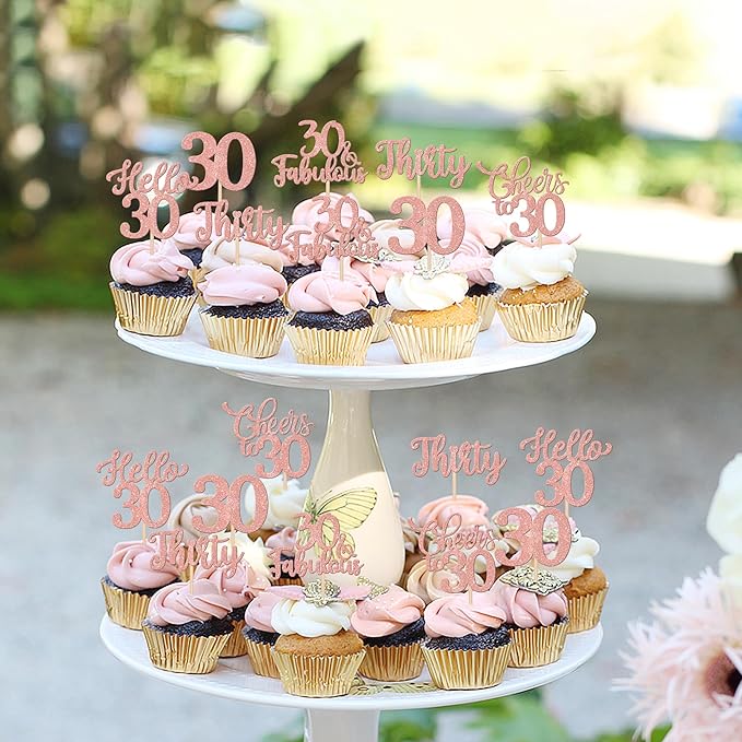 30PCS Happy 30th Birthday Cupcake Toppers Glitter Thirty Cheers to 30 Years Old Birthday Cupcake Picks Hello 30 Fabulous Cake Decorations for Happy 30th Birthday Anniversary Party Supplies Rose Gold