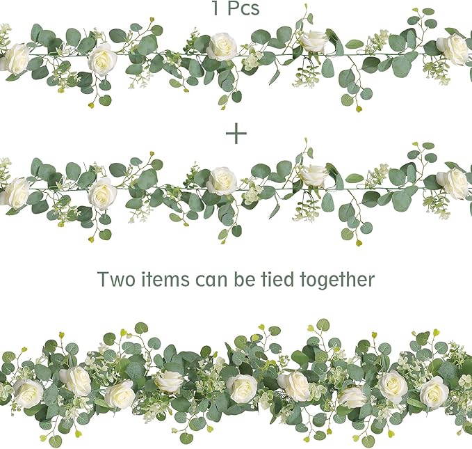 TOCHGREEN 2Pcs(13 Ft) Artificial Eucalyptus Flower Garland with White Rose Flowers,Faux Rose Vine Gypsophila Greenery for Home Party Wedding Table Decor (White, 2PCS)
