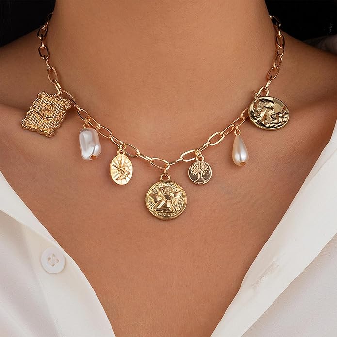 Gold Chic Charm Necklace for Women With White Pearl Square Pendant Adjustable Retro Boho Beach Style Trendy Summer Shell Pearl Coin Paperclip Chain Necklaces Jewelry for Women (style2)