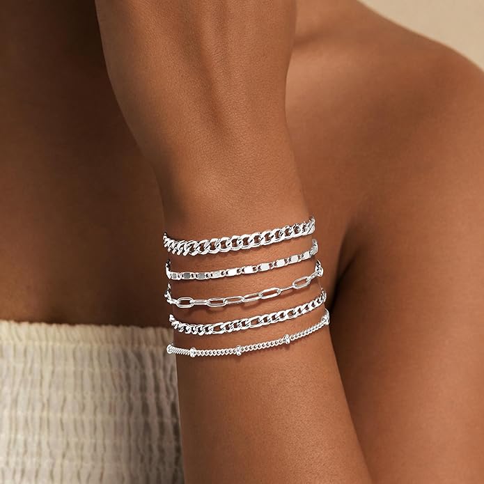 Gold Bracelets Set for Women Non Tarnish Trendy,14K Gold Plated Dainty Stackable Paperclip Cuban Link Chain Bracelets, Simple Cute Cuff Bracelets Jewelry Set Adjustable 7"+2"