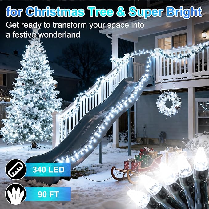 340 LED 90FT Christmas String Lights Outdoor, 12 Pro Modes and Timer Memory & Brightness, Plug in Outdoor Waterproof Clear Wire Twinkle Light for for Xmas Yard Tree Wedding Party Decor (Cool White)