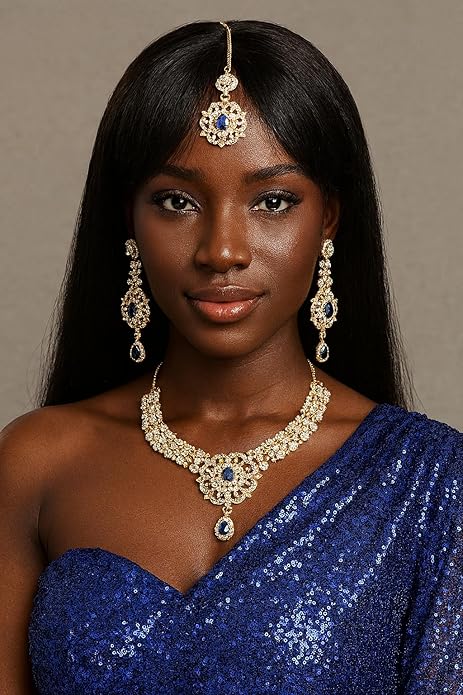 Touchstone Indian jewelry sets for women gold wedding tikka necklace set guest costume fancy bridal jewellery rhinestone crystal elegant formal prom evening wear dainty accessories