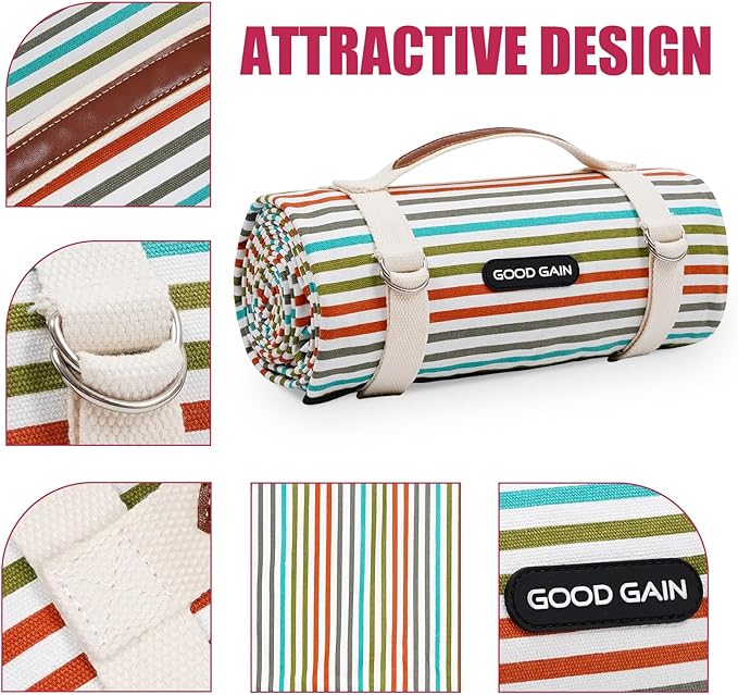 G GOOD GAIN Waterproof Picnic Blanket Portable with Carry Strap for Beach Mat or Family Outdoor Camping Party（Vibrant）