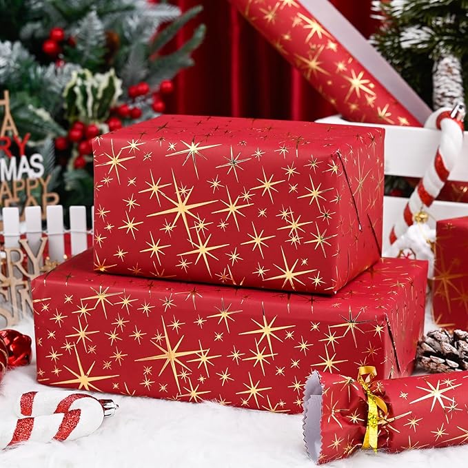 Garbendy Red Christams Wrapping Paper Roll - 17 Inch X 32.8 Feet - Embossing 3D with Gold Foil Star Design for Christmas, Birthday, Wedding, Baby Shower, Bridal Shower, Party