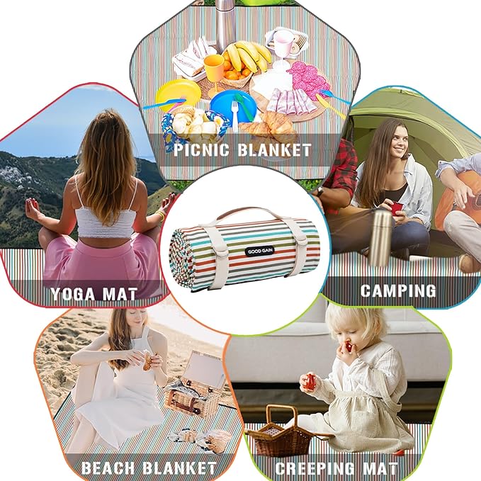 G GOOD GAIN Waterproof Picnic Blanket Portable with Carry Strap for Beach Mat or Family Outdoor Camping Party（Vibrant）