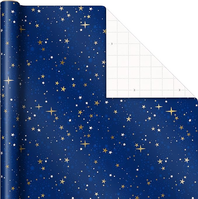 Hallmark Christmas Wrapping Paper Rolls - Navy Blue and Gold Stars, Snowflakes, Winter Galaxy Gift Wrap Paper (3 Rolls: 120 sq. ft. ttl.) for Holiday Parties, Hanukkah, Winter Weddings
