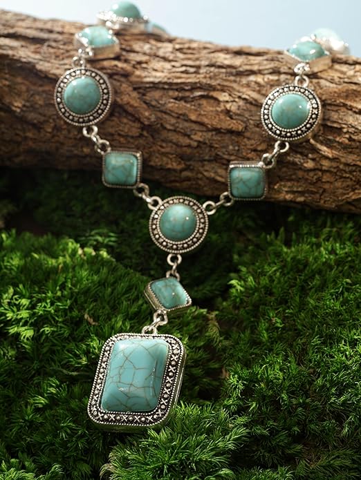 MINACHI Bohemian Created Turquoise Beaded Y-Necklace, Turquoise-toned Multi-shaped Pendant, Dainty Elegant Jewelry for Women