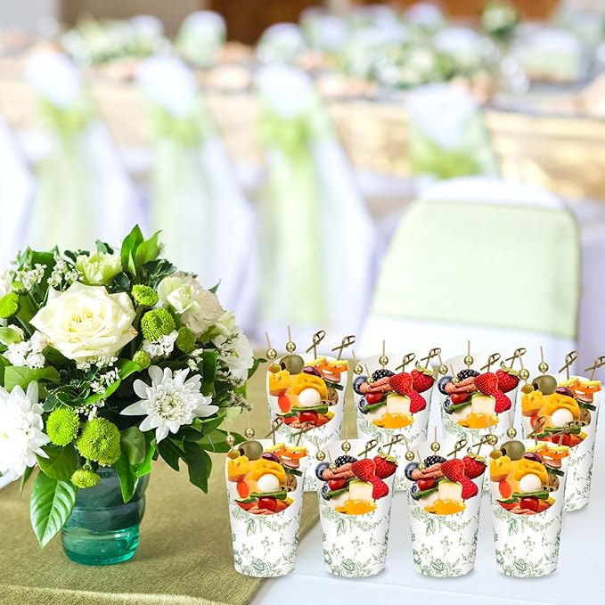 Tioncy 250 Pcs Floral Charcuterie Cups with Cocktail Picks Sets, Floral Bridal Shower Decoration 50 Charcuterie Cups with 200 Sticks for Wedding Baby Shower Party Decorations(Green,Flower)