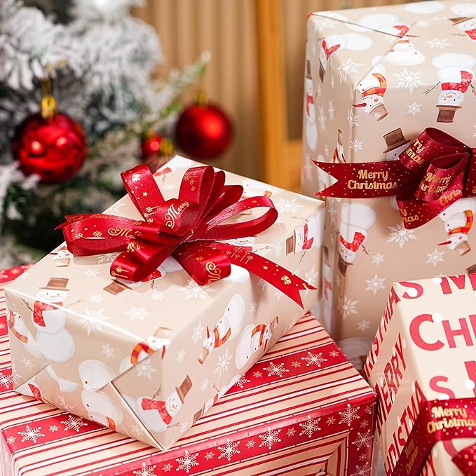 PlandRichW Christmas Wrapping Paper 12 Sheets Folded 20 x 29 Inches for Kids Adults, 4 Gift Wrap Designs Including Merry Christmas, Snowflakes, Snowmen, Red Stripes