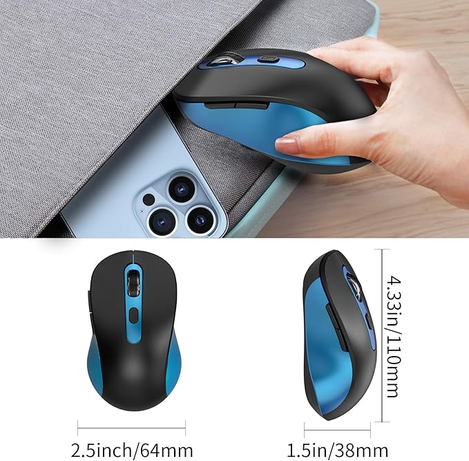 Wireless Mouse for Laptop, PC, Chromebook, Mac, MacBook, Silent Mouse with USB Nano Receiver, Side Button, 2400 DPI, Anti Slip Roller, 6 Button Ergonomics Cordless Computer Mice - Black Blue