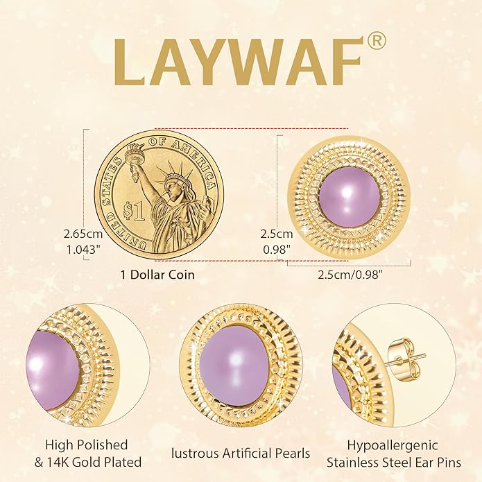 Faux Pearl Gold Plated Stud Earrings for Women, Hypoallergenic Stainless Steel Ear Pin, Available in a Variety of Pearl Colors
