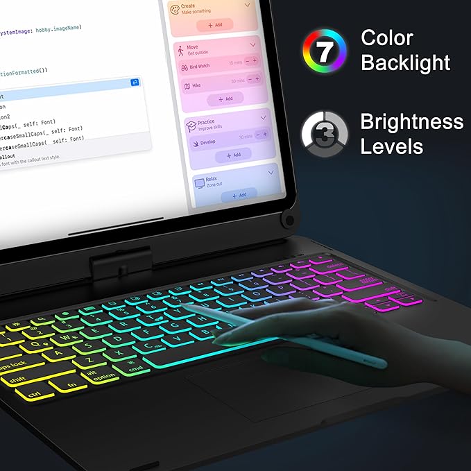 D DINGRICH Touch iPad Pro 12.9 Case with Keyboard 7th/5th Generation, Magic 360°Rotatable & Swivel Bluetooth Keyboard with Trackpad, 7 Backlight Color with Pencil Holder for iPad Pro 12.9” 4th/3rd Gen