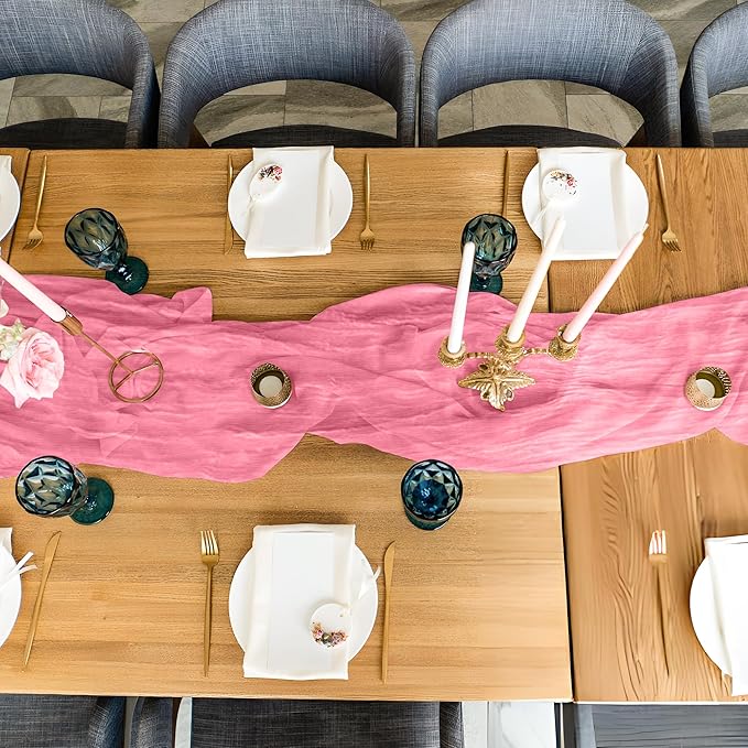 Cheesecloth Table Runner 6 Pack – 35x120 Inch (10ft) Boho Rustic Gauze Cloth Runners – Crinkle Polyester Table Decor for Wedding, Baby Shower, Bridal Shower, Birthday Party and More (Pink)