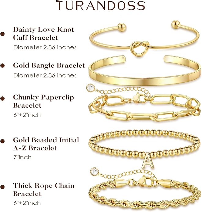Turandoss Valentines Gifts for Her Girls, Dainty 5PCS 14K Gold Plated Initial A-Z Beaded Stretch Bracelet Chunky Gold Cuff Knot Twisted Rope Paperclip Bracelet Set Stack Jewelry Gifts for Women Girls