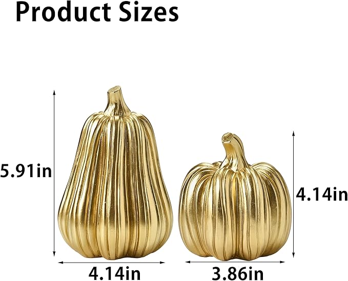 Gold Pumpkin Decor with Stripes, 2Pcs Resin Pumpkins for Decorating, Decorative Pumpkins for Fall Tabletop Decoration, Indoor Home, Autumn Kitchen, Thanksgiving Mantel Decor