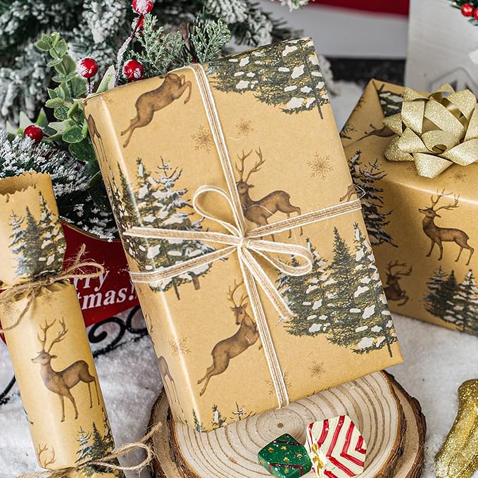 Garbendy Kraft Wrapping Paper Roll - 17 Inch X 32.8 Feet - Reindeer & Christmas Trees Design Printed in Wrapping Paper with Cut Lines on Reverse Perfect for Christmas, Birthday, Baby Shower,Party